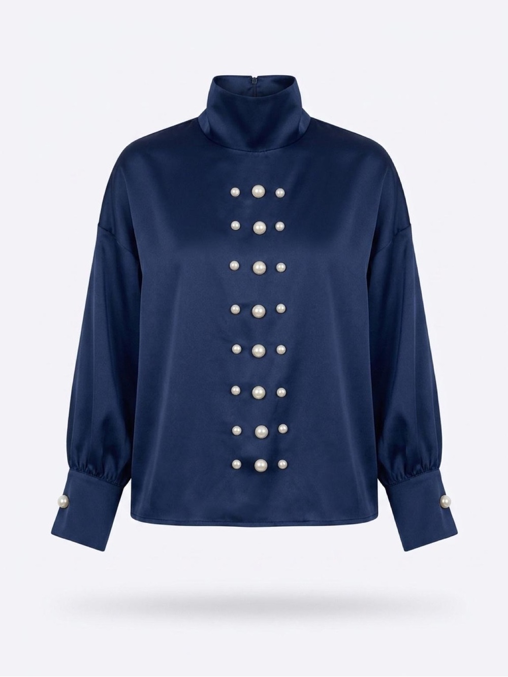 Pearl-Embellished Navy High Neck Blouse